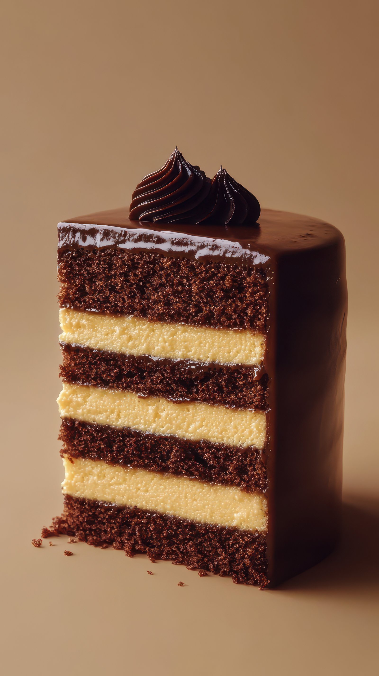 Delicious chocolate layer cake with creamy filling and elegant decoration on a neutral background